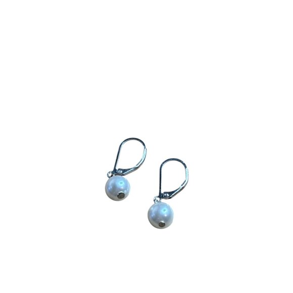 Silvertone Leverback Earrings Plastic Faux Pearl Dangle 3/8 inch - Picture 2 of 2